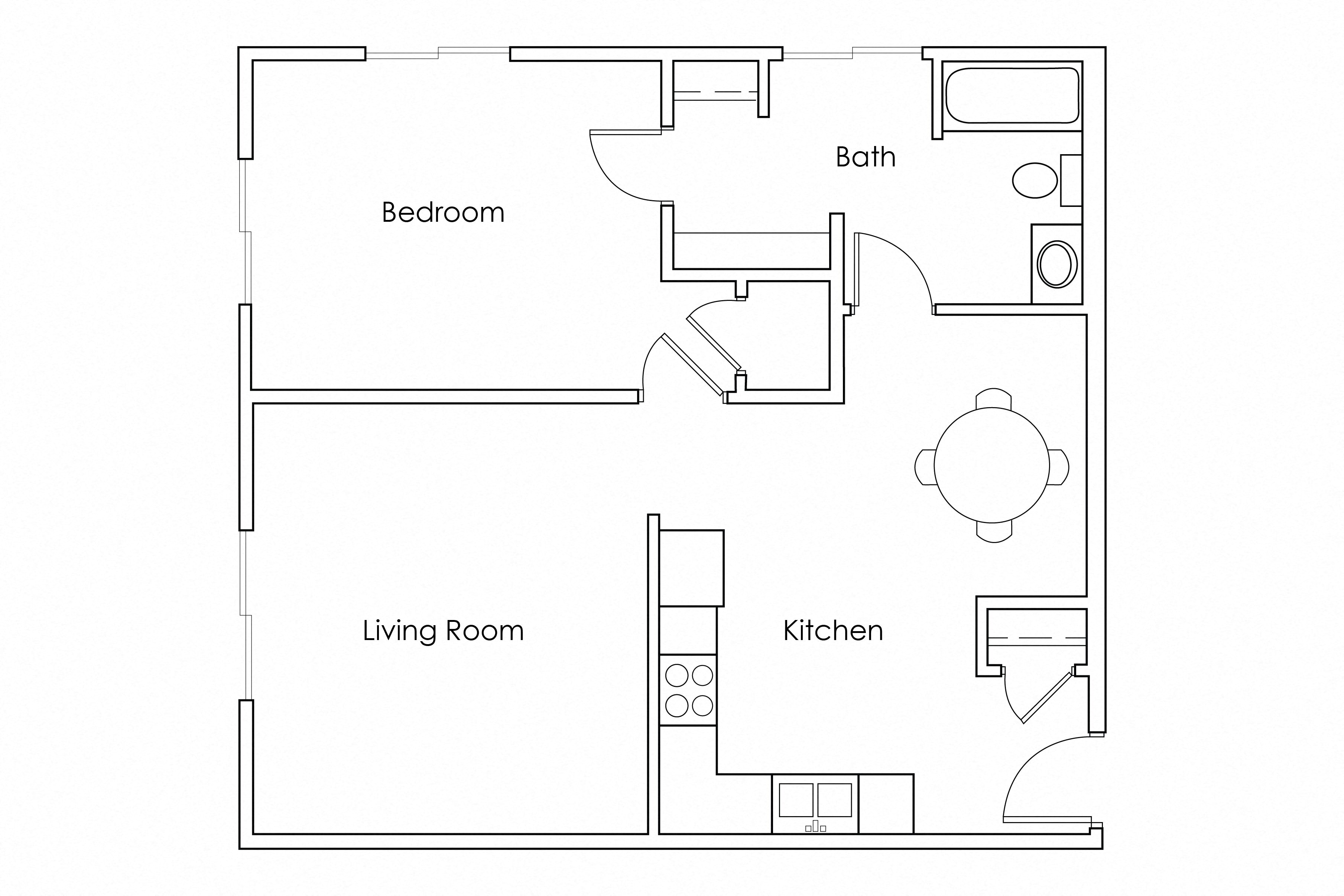 Floor plan for 1 bed, 1 bath, 709 sqft